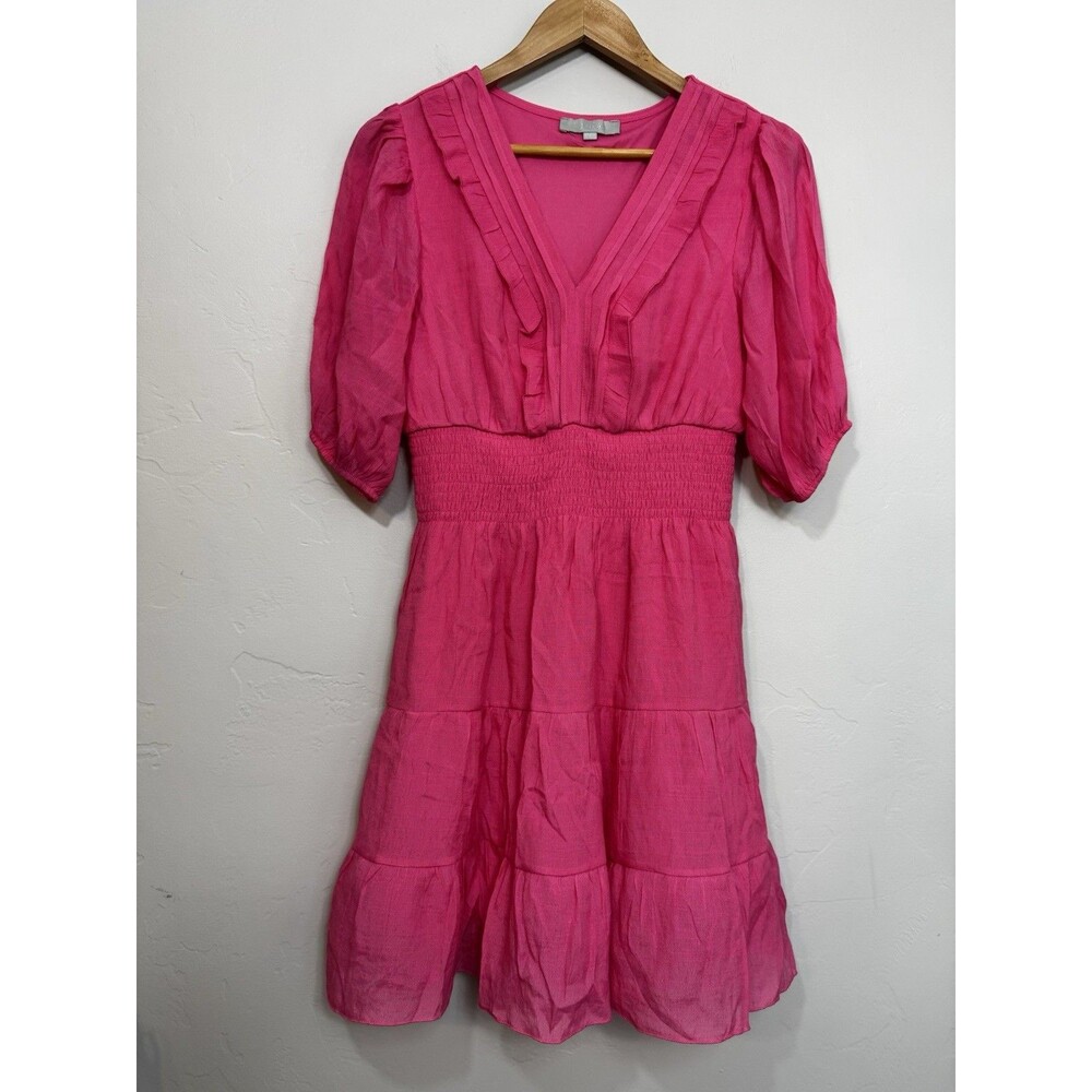 J Gee Women's M Pink Tiered Smocked Waist Dress Puff Sleeve Barbie Girly